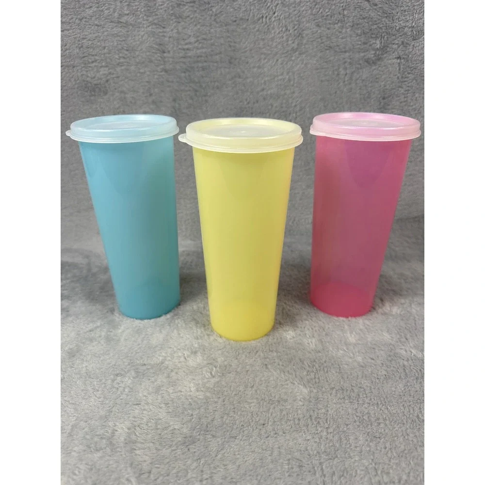 Tupperware 5107L 16 oz Tumblers with Lids Set of 3 Pink Yellow Blue